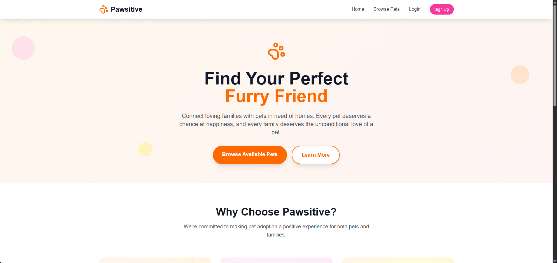 Pawsitive - Modern pet adoption platform with admin management system
