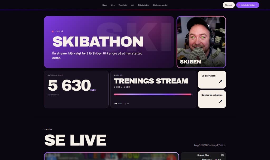 Hero: live status, sub counter, next goal, and entry into the stream